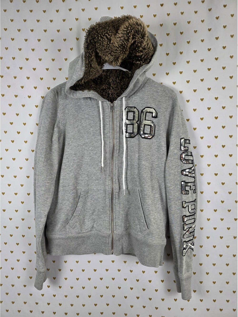 Victorias Secret Pink Fur LIned Bling Full zip Hoodie Jacket LOVE Sequined Med